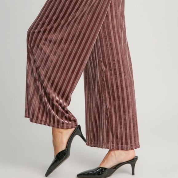 Umgee Velvet High-Rise Retro Pants Wide Leg Boho Metallic Stripe Elastic Waist - Picture 8 of 12